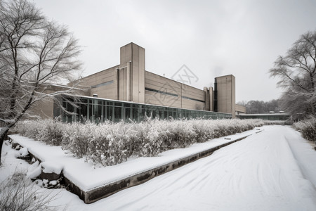建筑旁的积雪地面背景图片