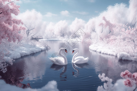 冬天游泳冬季湖里的天鹅设计图片