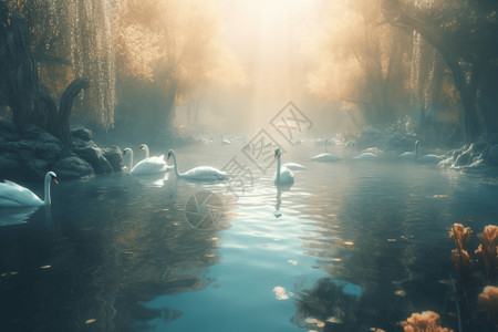 天鹅在水中一个宁静湖泊设计图片
