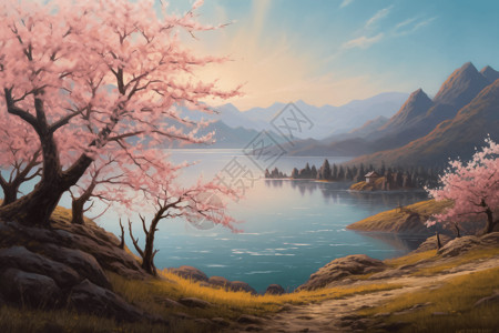 航拍山脉和湖泊湖边的樱花树设计图片