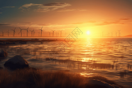 夕阳下的海上风车图片