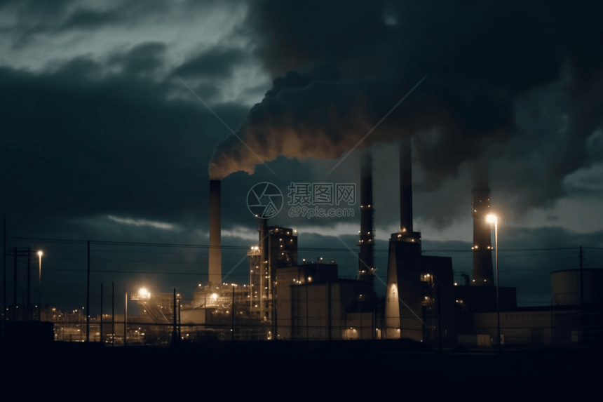 夜间工厂烟囱的蒸汽图片