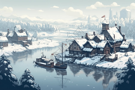 像素艺术雪域村庄背景图片