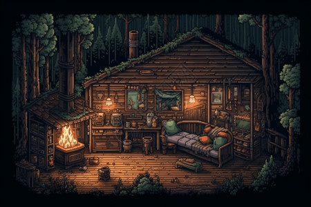 原木小屋森林中的小木屋插画