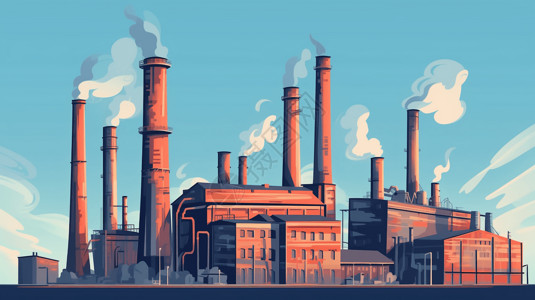 工业化工厂烟囱排放气体平面插图插画