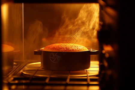 热气腾腾的泡面烤箱中的蛋糕设计图片