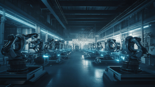 仓库环境智能机器人在单色工厂环境中，在明亮的霓虹灯下和谐工作。(抽象、未来、高) ，超高清设计图片