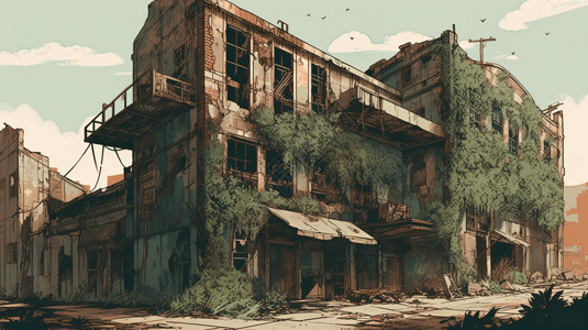 废弃的工业建筑绘画插图背景图片