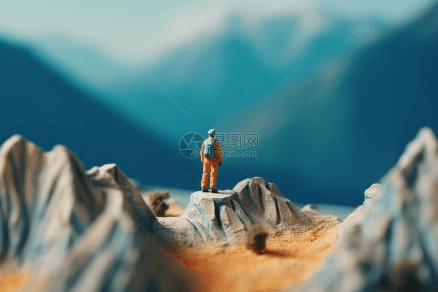 微型人物站在一座大山上图片