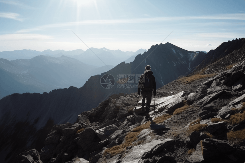 在山顶的徒步旅行者图片