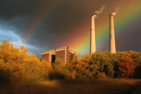 彩虹下的生物质发电厂背景图片