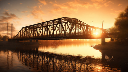 日落时河上的钢桥高清图片
