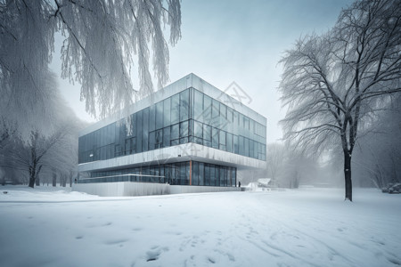 被砍伐的树木大楼被白雪覆盖设计图片