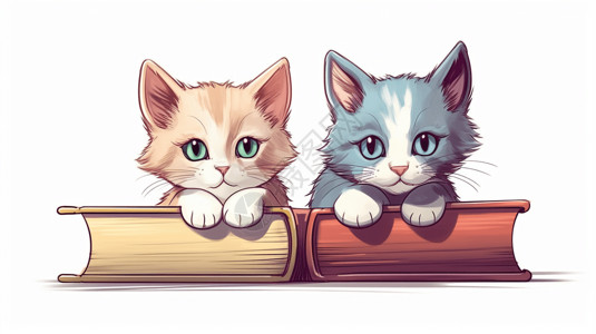 两只猫咪小猫在一排书的后面插画