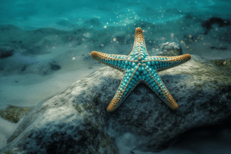 绿松石海水美丽的海星紧贴在大海中的岩石上设计图片