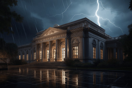 晚上下雨闪电期间的美术馆大楼设计图片