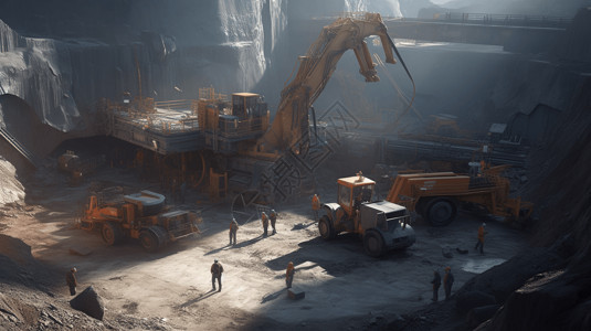 矿工使用机械进行采矿3D概念图图片
