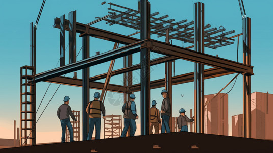 工人为建筑物的安装钢梁的手绘插图图片