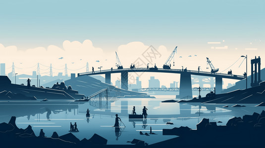 船桥梁桥梁施工现场3D插图插画
