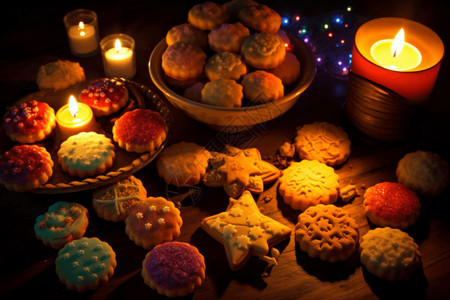 各种形状和颜色的圣诞饼干背景图片