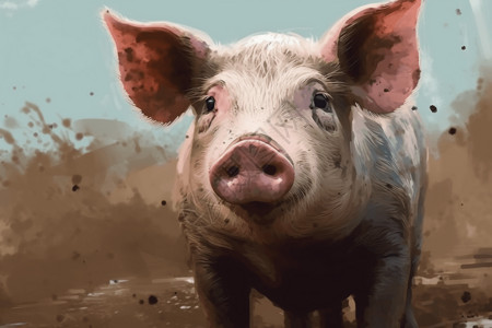 捂眼睛的小猪一只小猪在泥泞的田野插画