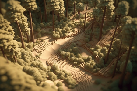 茂密森林的3D黏土模型图片