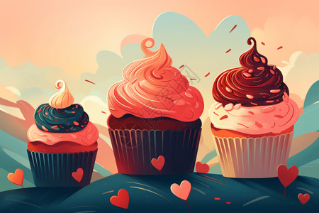 心形甜点节日浪漫和俏皮的纸杯蛋糕插画
