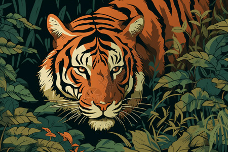 丛林里老虎老虎的眼睛在丛林中徘徊插画
