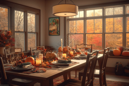 感恩节插画主题庆祝节日的家庭式餐桌搭配背景