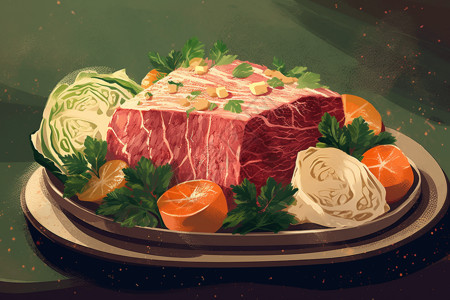 橘子肉美味的牛肉和卷心菜插画