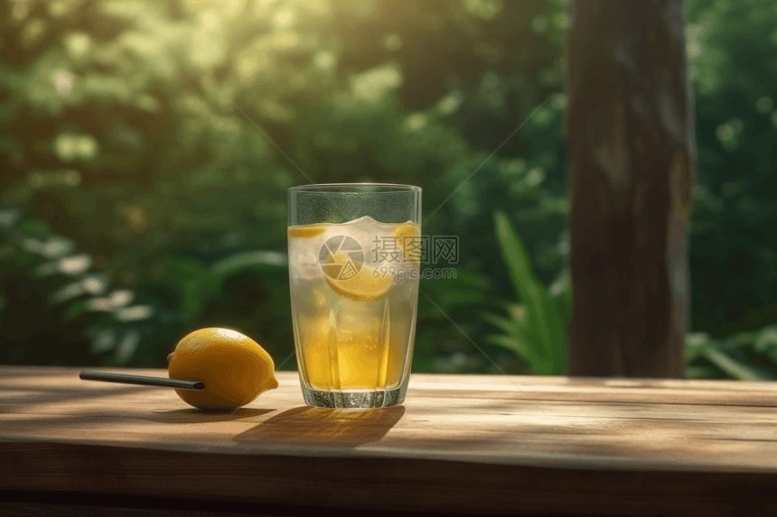 野餐桌上放着一杯清爽的柠檬水图片