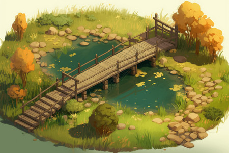 手绘木桥草地上的小池塘手绘插图插画