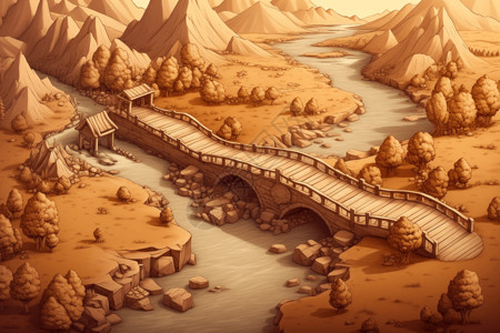 乡村桥梁自然景观艺术插图图片