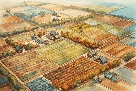 手绘地区种植农场的色彩手绘插图插画
