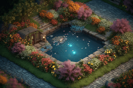 花园水池色彩缤纷的花朵花园概念模型设计图片