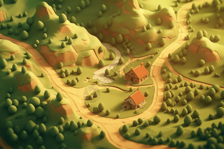 村庄道路绿色山丘的3D模型设计图片