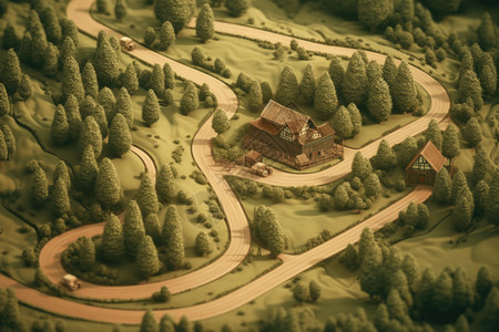 新疆村庄道路绿色山丘的黏土模型设计图片