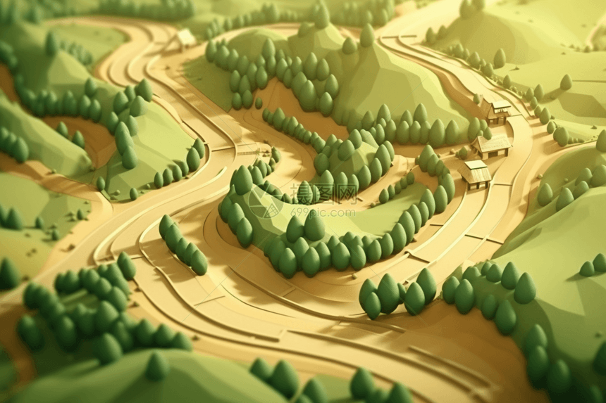 绿色山丘的3D黏土模型图片