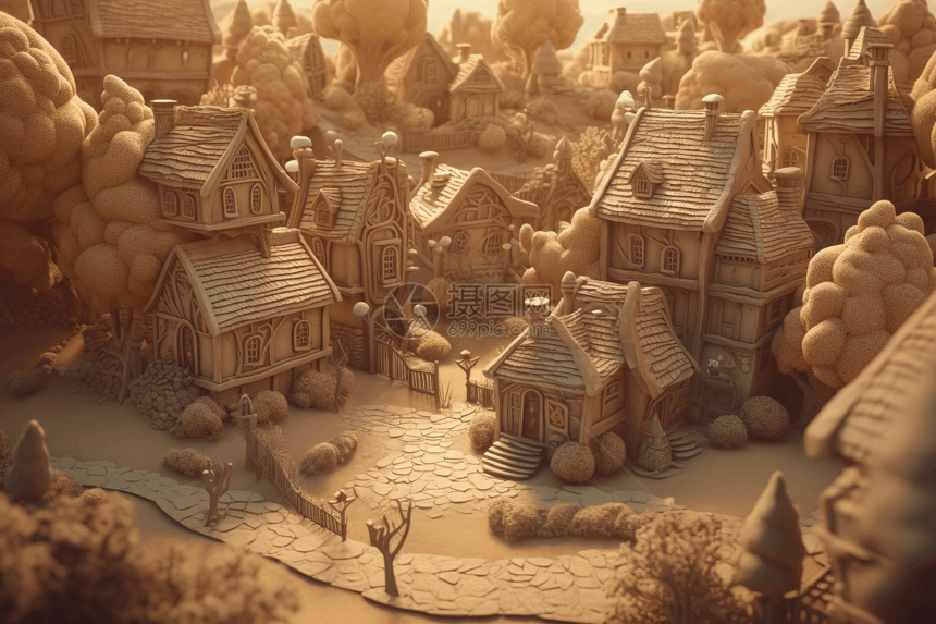 神奇的乡村村庄3D黏土模型图片