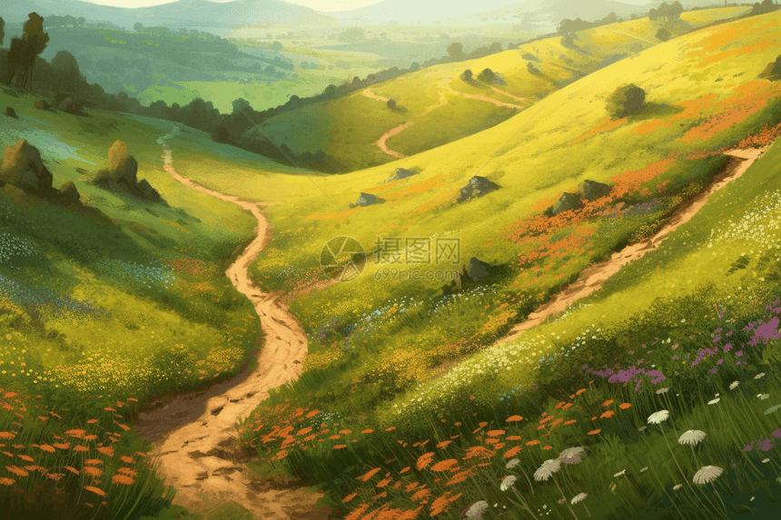 蜿蜒的小路穿过野花手绘插图图片