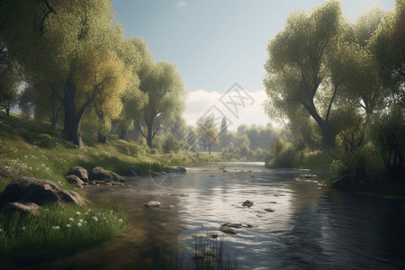 河流景观风景如画的乡村河概念图设计图片