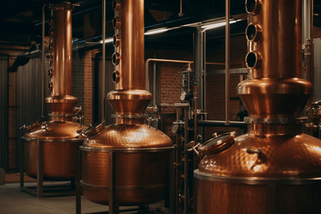 铜蒸馏器蒸馏器和陈酿威士忌桶的酿酒厂背景