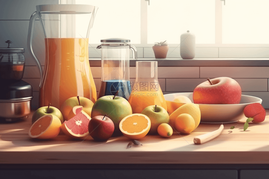 厨房柜台上的水果和榨汁机图片