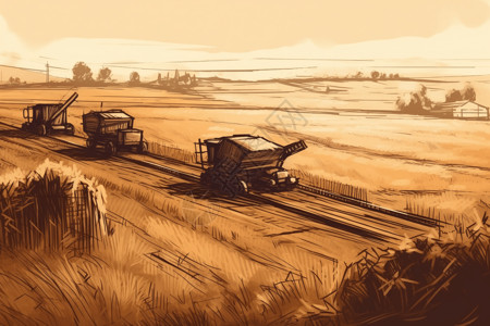 农村脱粒小麦手绘插图图片