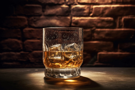 砖墙背景下的金色威士忌酒杯图片