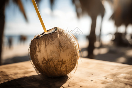 用吸管的热带清爽椰子图片