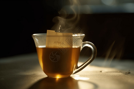 茶叶袋在一杯热水中的凉茶袋背景