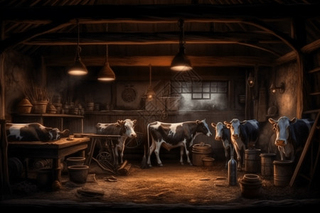 手机中的奶牛农场谷仓中养殖奶牛3D概念图设计图片
