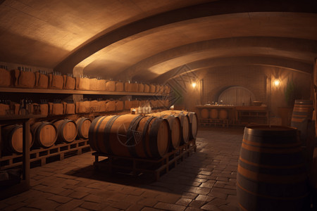 发酵葡萄酒地下酒窖的手绘插图图片