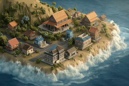 3d村庄海啸灾害袭击村庄黏土模型设计图片